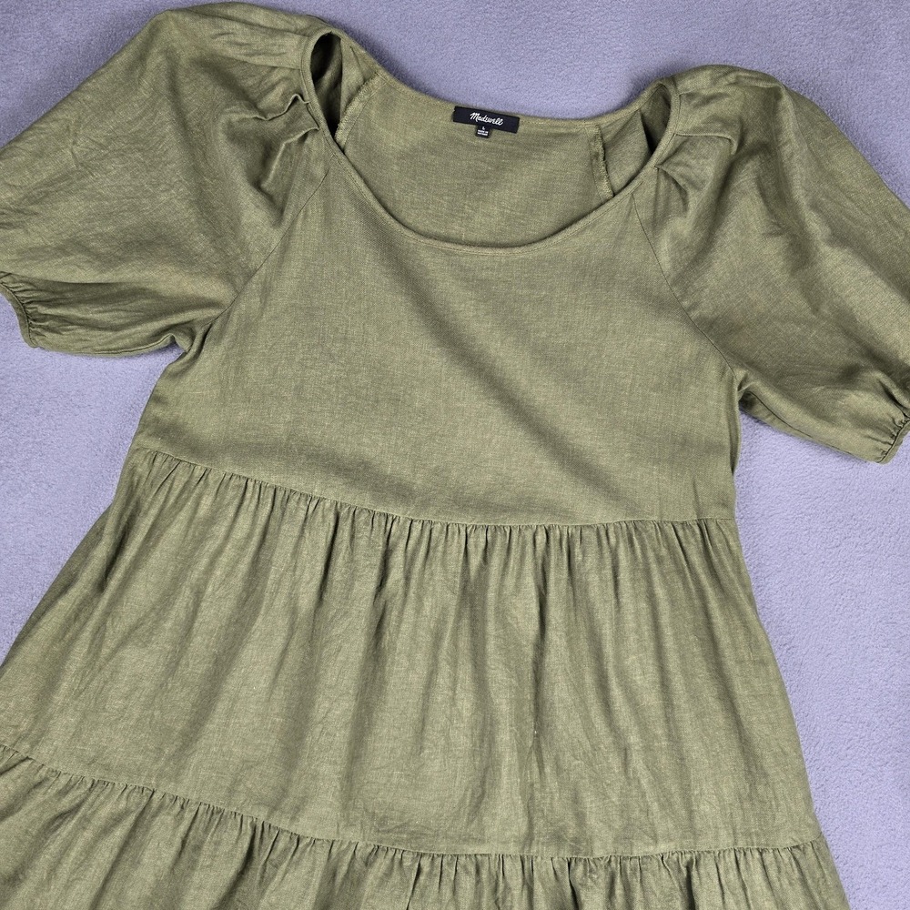 Madewell Dress Womens Large Green Puff‎ Sleeve Tiered Swing Mini Knit Pockets